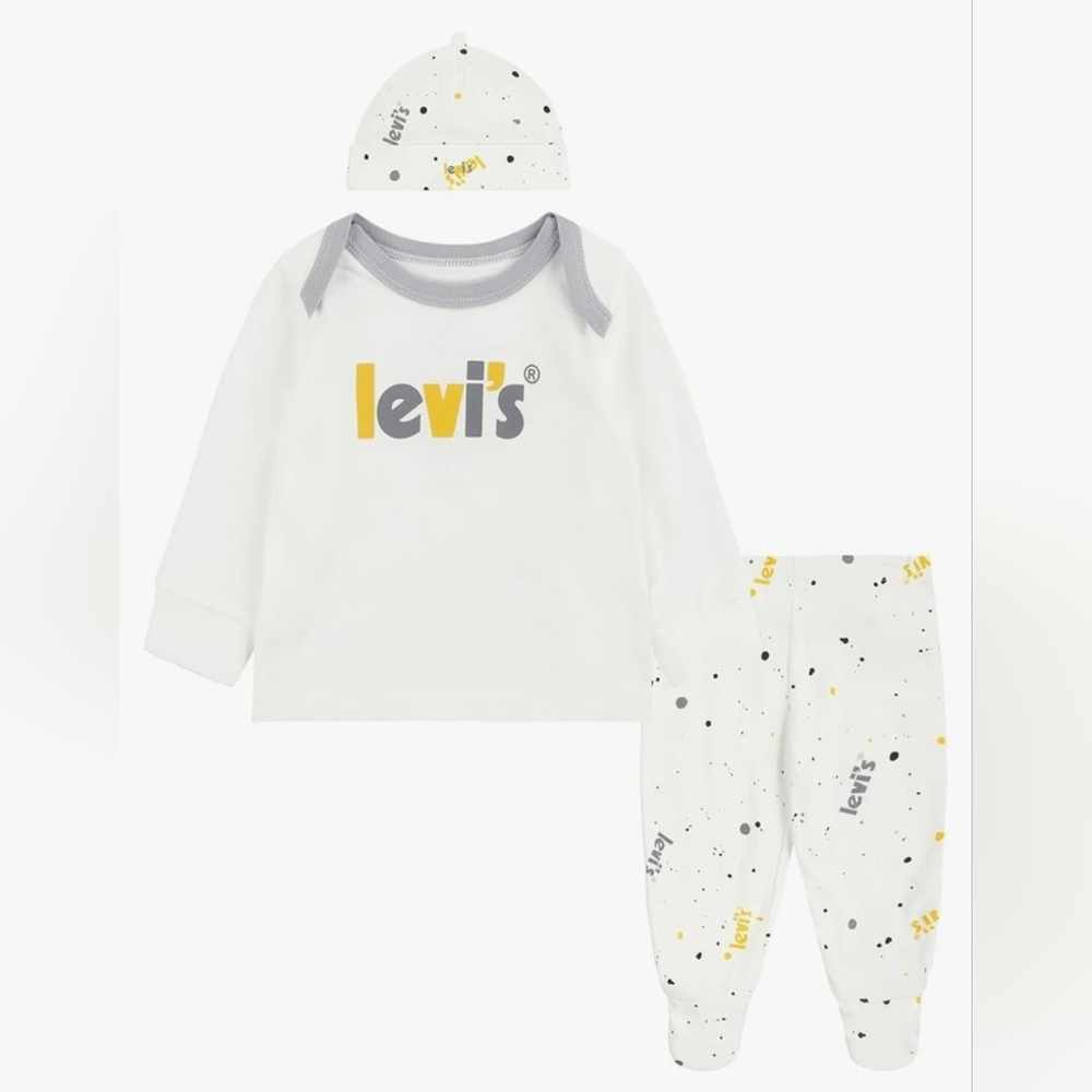 Levi's Outfit 3pc Set Hat Shirt Footie Pants Yellow Gray Marshmellow Size 6m NEW